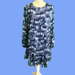 BCBGMaxAzria Ikat Print Chiffon Ruffled Hem Dress in “Pacific Blue Cloud” Size S
